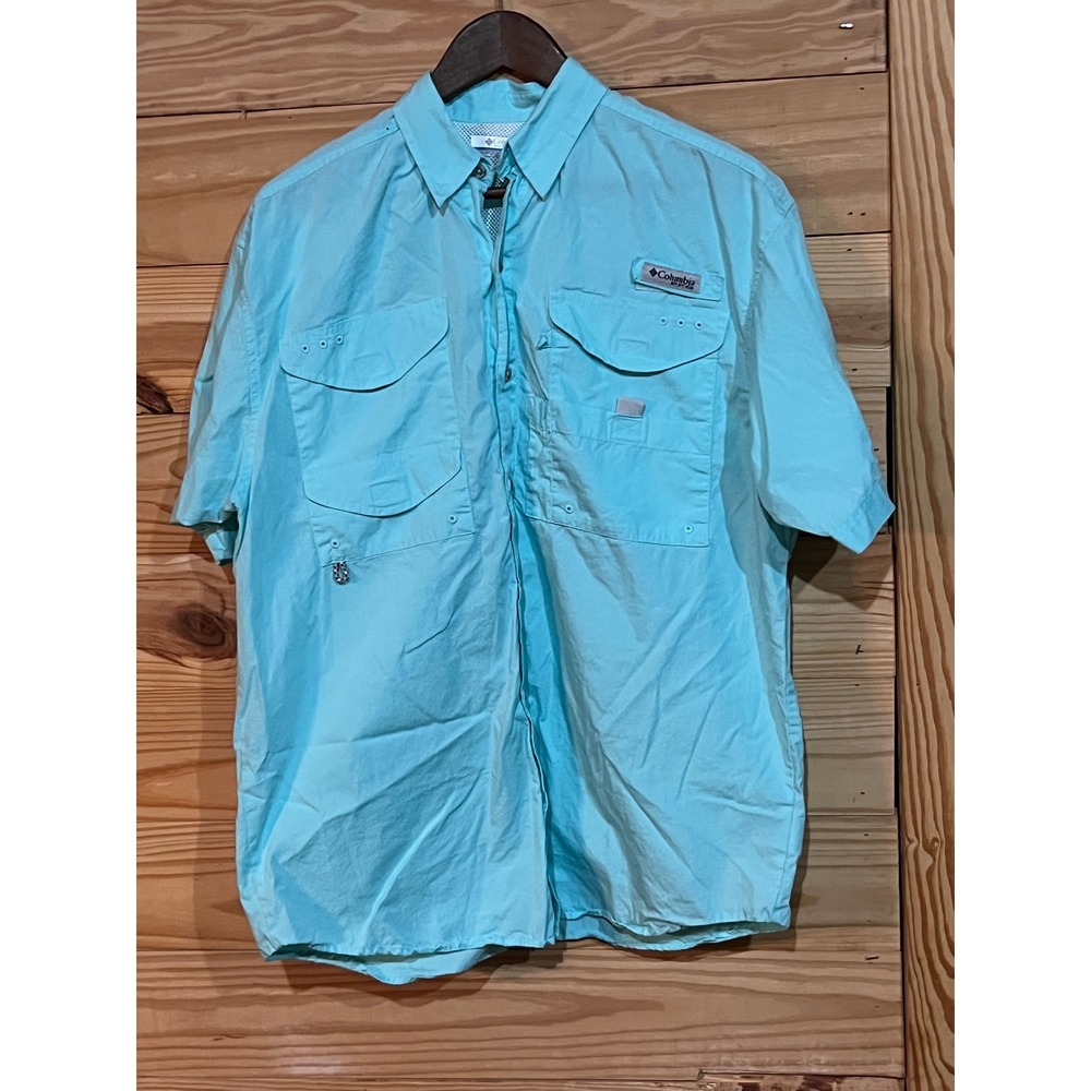 COLUMBIA PFG Short Sleeve Button Front Vented Fishing Shirt Men's S Mint Teal